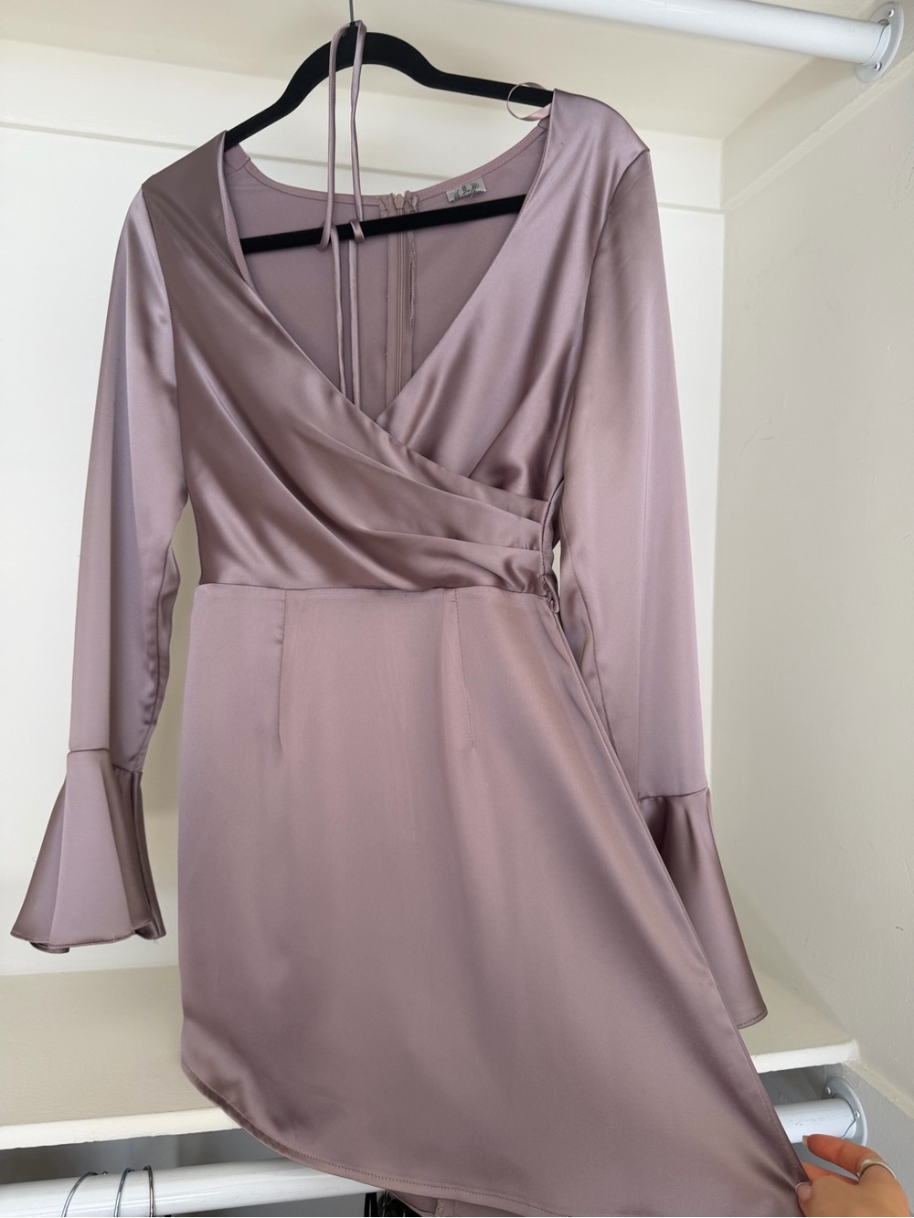 Satin Wrap-Front Long Sleeve Dress in Dusty Mauve